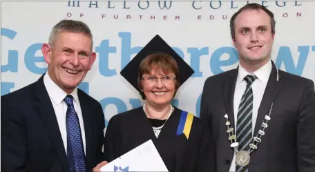  ??  ?? Ted Owens, CEO Cork Education &amp; Training Board, presenting a certificat­e to Noreen Murphy, Dromagh, who graduated from Mallow College. Also included is Noreen’s son, Councillor Gearóid Murphy.