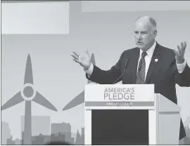  ?? PATRIK STOLLARZ — AFP — GETTY IMAGES ?? Gov. Jerry Brown speaks at the launch event at the U.S. climate action center during the United Nations climate change conference in Bonn, Germany.