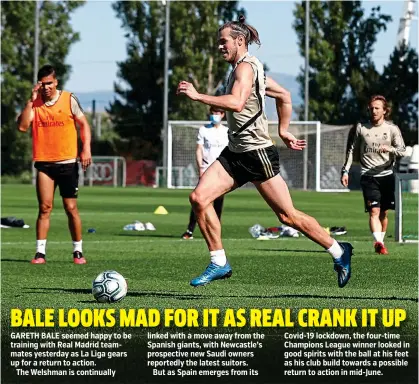  ?? PICTURE: REAL MADRID ON TWITTER ?? GARETH BALE seemed happy to be training with Real Madrid teammates yesterday as La Liga gears up for a return to action.
The Welshman is continuall­y
Covid-19 lockdown, the four-time Champions League winner looked in good spirits with the ball at his feet as his club build towards a possible return to action in mid-June.