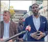  ?? ?? Atlanta Mayor Andre Dickens speaks outside Grady Hospital on Saturday after three police officers were shot during a struggle with a man with a knife and a gun.