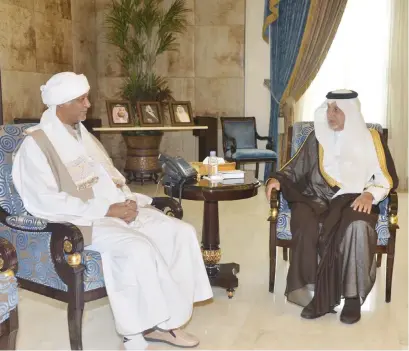  ?? Prince Khaled Al-Faisal, governor of Makkah, receives Sudan’s Ambassador Abdul Basit Badawi Al-Sanousi. ??