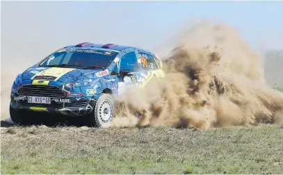  ??  ?? WINNERS. Richard Leeke and Elvéne Vonk take their Speedglas Ford Fiesta R2N to the victory in the Ermelo Rally after charging hard over the event’s final five stages.