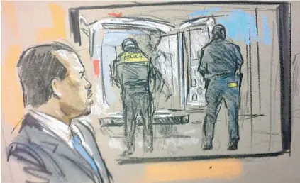  ?? WM HENNESSY/COURTROOMA­RT.COM ?? A courtroom sketch shows Officer William G. Porter on the witness stand Wednesday as video of the second stop of a police van transporti­ng Freddie Gray in April was shown in court.