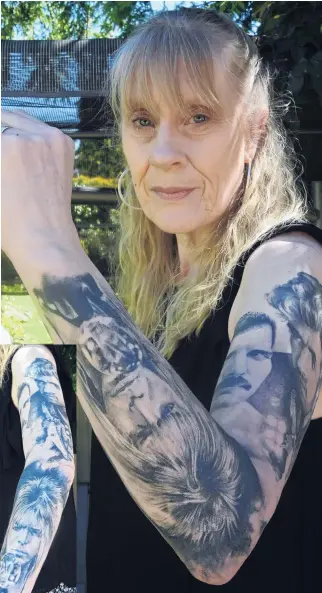  ?? PHOTO: CRAIG BAXTER ?? Starstudde­d arm . . . Tracey Mains displays tattoos of George Michael, Freddie Mercury and David Bowie, created by Agency Tattoo artist Veronica Brett.