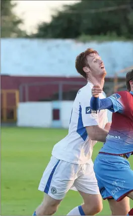  ??  ?? Jake Hyland battles with Finn Harps duo Sean Houston and Ethan Boyle.