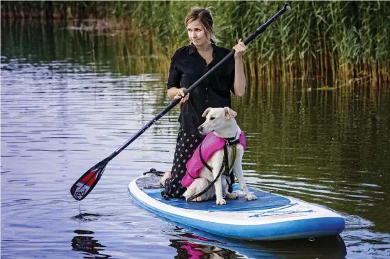  ??  ?? Lea Perttilä och hunden Taimi upptäcker SUP-paddling tillsamman­s. Det här kan mycket väl bli deras gemensamma favorit-hobby.