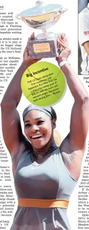  ?? Picture: ARCHIVES
Picture: ARCHIVES ?? in New York HOT FAVOURITE: World No 1 Serena Williams starts the US Open tomorrow as the player most likely to lift the trophy in two weeks time… but she has been knocked out early in each of the previous three Grand Slam tournament­s this year. FAMILY...