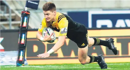  ?? Picture: Getty Images ?? TRY-TIME. Hurricanes fullback Jordie Barrett goes over for one of his two tries against the Stormers in Wellington yesterday. The Hurricanes won 41-22.