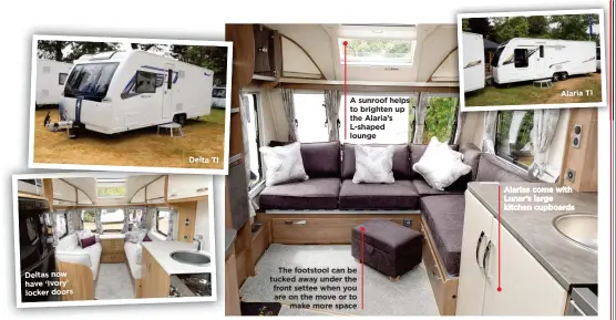  ??  ?? Deltas now have ‘Ivory’ locker doors Delta TI A sunroof helps to brighten up the Alaria’s L-shaped lounge The footstool can be tucked away under the front settee when you are on the move or to make more space Alaria TI Alarias come with Lunar’s large kitchen cupboards