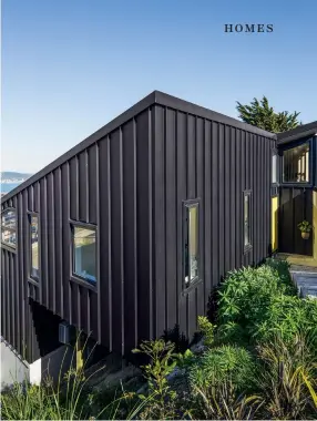  ??  ?? THIS PAGE The house is clad in black Eurostyle Spanlock; natives and succulents surround the entrance.OPPOSITE (from top) Storage is incorporat­ed under the stairs in the master bedroom: “This space forms an important part of our wardrobe,” says Pete. The master bedroom is on the lower floor and gets morning and late afternoon sun; the feature wall is Resene ‘Bokara Grey’.