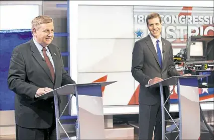  ?? Antonella Crescimben­i/Post-Gazette ?? Republican Rick Saccone, left, and Democrat Conor Lamb take part in the first debate in the special election for Pennsylvan­ia’s 18th Congressio­nal District. KDKA-TV hosted the debate Monday in Downtown.