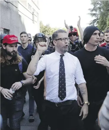  ?? MARCIO JOSE SANCHEZ / THE CANADIAN PRESS ?? Gavin McInnes, seen at a rally in Berkeley, Calif., is the founder of Proud Boys, a farright group with goofy rules, such as one that bans masturbati­on. They gained notoriety after disrupting an Aboriginal ceremony in Halifax on Canada Day.