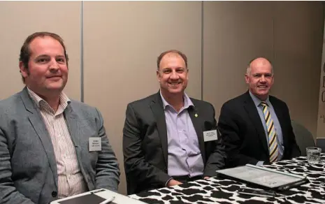  ?? PHOTO: MEGAN MASTERS ?? EXPERT PANEL: Speaking at the Queensland Dairyfarme­rs’ Organisati­on forum are (from left) Norman Repacholi of Dairy Australia, Australian Dairy Farmers CEO David Inall and ACCC Agricultur­al Commission­er Mick Keogh.