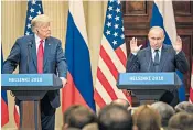  ??  ?? Donald Trump, the US president, and Vladimir Putin, the president of Russia, answer questions at their joint press conference after their summit in Helsinki