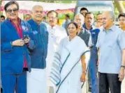  ?? PTI ?? BJP parliament­arian Shatrughan Sinha, former Union ministers Yashwant Sinha and Arun Shourie meet TMC chief and West Bengal chief minister Mamata Banerjee on Wednesday.