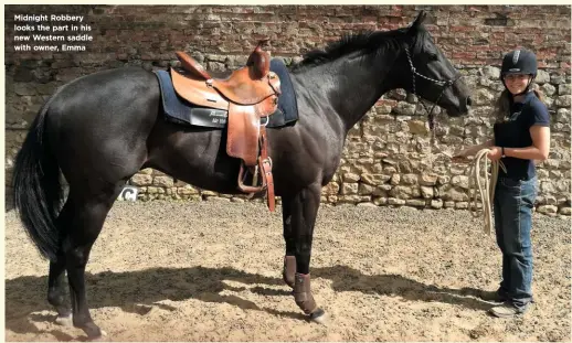  ??  ?? Midnight Robbery looks the part in his new Western saddle with owner, Emma