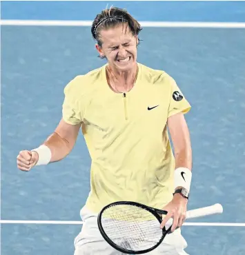  ?? AFP ?? Sebastian Korda reacts during his match against Daniil Medvedev at the Australian Open yesterday.