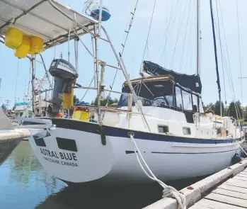  ?? KIM BOLAN / POSTMEDIA NEWS ?? The 14-metre Astral Blue has been moored at Ucluelet, B.C.’S Small Craft Harbour since May 13, 2018, when its two crewmen arrived from Panama. The men were believed killed in a Hells Angels-related smuggling run gone bad.