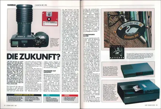  ??  ?? Fotos auf Diskette
Die Canon RC-701 (RC wie Realtime Camera) sorgte 1986 für Furore. Sie konnte 10 Bilder pro Sekunde aufnehmen und hatte einen CCD-Sensor mit 2/3 Zoll.