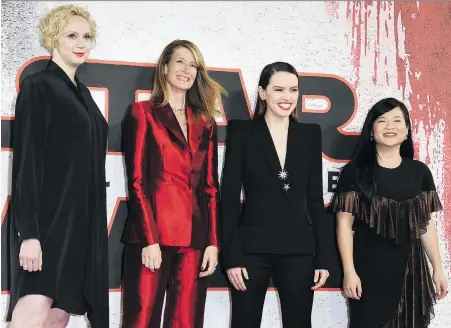  ?? STUART C. WILSON/GETTY IMAGES ?? Gwendoline Christie, left, Laura Dern, Daisy Ridley and Kelly Marie Tran are among the strong — and feminine — female forces to be reckoned with in Rian Johnson’s new sci-fi adventure Star Wars: The Last Jedi.