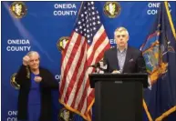  ?? LIVESTREAM SCREENSHOT ?? Oneida County Executive Anthony J. Picente. Jr. speaking at a press briefing on April 29 regarding COVID-19