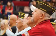  ?? TIMES photograph by Annette Beard ?? Veterans Jerry Burton, John Ruddick and Bob Hauter were among the many veterans honored by Pea Ridge High School students at the annual Veterans Day Assembly Monday, Nov. 11, 2019. See page 5B for more.