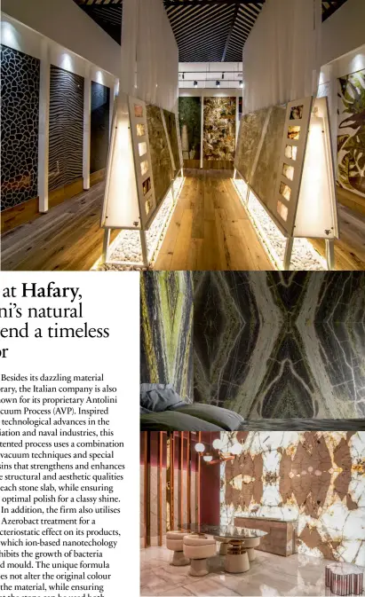  ??  ?? From top: The Stone Gallery by Hafary features large stone slabs from Antolini; the brand’s Irish Green marble applied to a bedroom setting; Patagonia, a type of granite from Brazil, rendered on a backlit feature wall in an opulent dining room