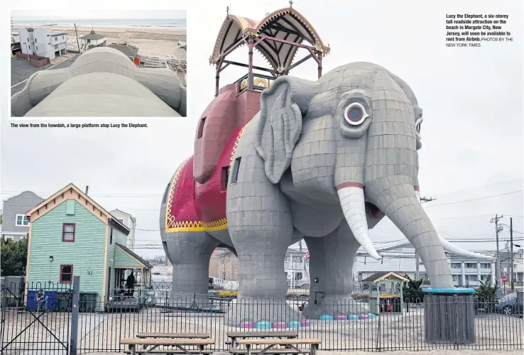  ??  ?? Lucythe Elephant, a six-storey tallroadsi­de attraction on the beach in Margate City, New Jersey, will soon be available to rentfrom Airbnb. PHOTOS BY THE NEW YORK TIMES