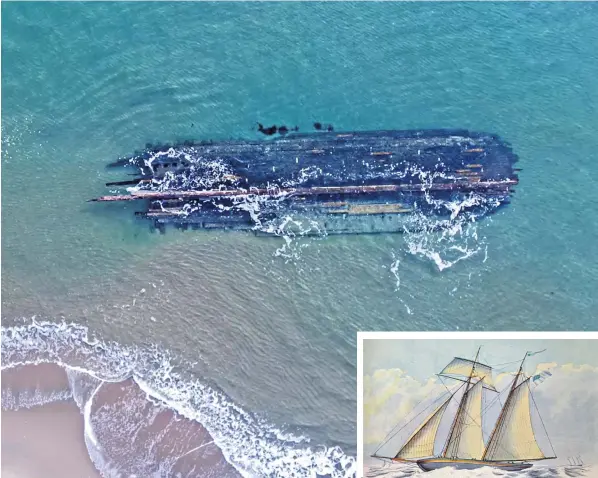  ?? ?? The mystery wreck lies in the surf off Cape Wray, above; a painting of how it may have looked in its pomp – ‘American Topsail Schooner’, 1825. From Old Ship Prints by E. Keble Chatterton