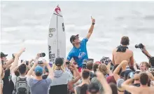  ??  ?? Owen Wright celebrates winning the Quiksilver Pro on the Gold Coast in March after time out of surfing.