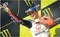  ?? MOTOGP ?? POSISI AMAN: Jack Miller merayakan finis di podium ketiga pada balapan MotoGP seri Republik Ceko pada 4 Agustus.