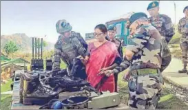  ?? PTI ?? Defence Minister Nirmala Sitharaman inspects military equipment during a visit to a forward area post in Jammu and Kashmir on Friday.