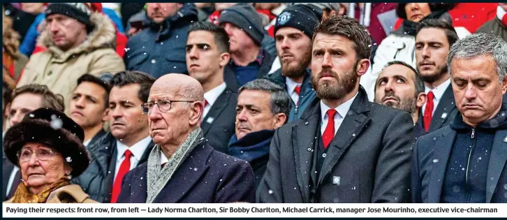  ??  ?? Paying their respects: front row, from left — Lady Norma Charlton, Sir Bobby Charlton, Michael Carrick, manager Jose Mourinho, executive vice-chairman Ed Woodward and Sir Alex Ferguson observe a minute’s silence at Old Trafford yesterday