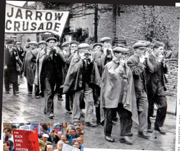  ??  ?? Then and now: The Jarrow hunger marchers in 1936, and fanatical pro-Corbyn demonstrat­ors outside Parliament earlier this year