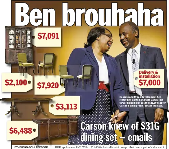  ??  ?? Housing and Urban Developmen­t Secretary Ben Carson and wife Candy (pictured) helped pick out the $31,000 set for Carson’s dining room, emails indicate.