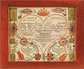  ?? PHOTO COURTESY OF THE AMERICAN FOLKLIFE INSTITUTE COLLECTION ?? Friedrich Krebs, as other Fraktur artists, was a Pennsylvan­ia Dutch schoolmast­er from Dauphin County. He came to Reading in the early 1800s to have his German Taufschein­s printed by the Reading Adler print shop. These heart-shaped imprints with...