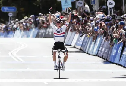 ??  ?? GEELONG: Britain’s Peter Kennaugh of Team Sky celebrates after winning the men’s elite cycling race in the 2016 Cadel Evans Great Ocean Road Race in Geelong yesterday. — AFP
