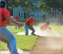  ?? JOHN BREWER - ONEIDA DAILY DISPATCH ?? Sherrill Post shortstop Blake VanDreason and Smith Post base runner Cole Donnelly track the second leg of a double-play attempt during Legion Baseball at Noyes Park on Tuesday, June 12.