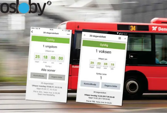  ?? FOTO: FOTOMONTAS­JE ?? Billetten til venstre er fra 19-åringens app «Delingsbil­lett». Billetten til høyre er fra Ruters app. Nå har Ruter anmeldt 19-åringen, som de mener har solgt falske billetter.