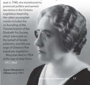  ?? ?? Agnes Macphail in Ottawa circa 1921.
