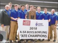  ?? Submitted photo ?? STATE CHAMPIONS: Lakeside won the Class 4A-5A boys bowling state championsh­ip Wednesday in Lowell with a total pin count of 3,754 in Lowell. Team members, from left, in front are coach Les Cline, Cameron Elliot, Dilann Allen, Clark Hill, Tyson Keeney,...