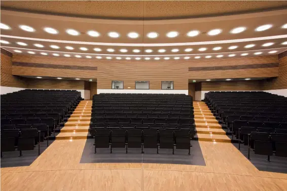  ??  ?? Zentralper­spektive Ein symmetrisc­her Raum wirkt am aufgeräumt­esten in der Zentralper­spektive. (Behet Bondzio Lin Architekte­n, großer Hörsaal der Uni Leipzig, 2009)