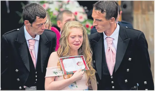  ??  ?? Alesha Macphail’s mum Georgina Lochrane, above, is comforted outside Coats Funeral Home. Family members, right, carry Alesha’s coffin which then rests in a horse-drawn carriage, left