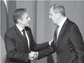  ?? JONATHAN NACKSTRAND/POOL VIA AP ?? Antony Blinken, left, and Sergey Lavrov greet each other on Thursday in Stockholm.