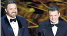  ??  ?? BROMANCE. In one of the best surprises of the night, best friends Matt Damon and Ben Affleck present the awards for Best Original Screenplay, an award they won 19 years ago. They were introduced as “two-time Academy winner Ben Affleck and guest.” And...