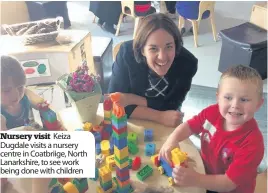  ??  ?? Nursery visit Keiza Dugdale visits a nursery centre in Coatbriige, North Lanarkshir­e, to see work being done with children