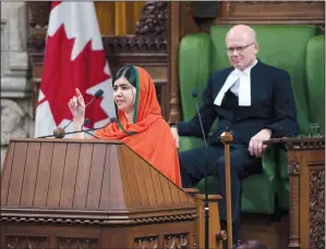  ?? CP PHOTO JUSTIN TANG ?? Malala Yousafzai speaks Wednesday in the House of Commons on Parliament Hill, as Speaker of the House of Commons Geoff Regan looks on.