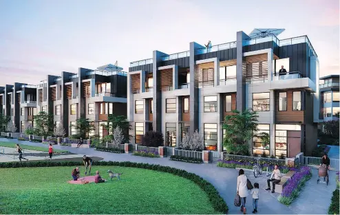  ??  ?? An artist’s rendering of Belle Isle, which comprises 88 townhomes and lots of green space in Lions Gate Village.