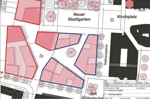  ?? Zunächst will die Stadt Jena nur den halben Eichplatz verkaufen: So soll nur für drei der sechs Baufelder ein Investor gesucht werden. Diese Flächen sind auf der Karte rot umrandet. Es geht östlich des Intershop-Turms um jene Bereiche, die den Bau von dre ??