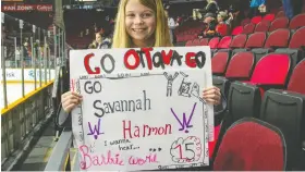  ?? BRUCE DEACHMAN ?? Nine-year-old Savannah Cosby and her parents drove from St. Catharines on Saturday to watch PWHL Ottawa play Minnesota.